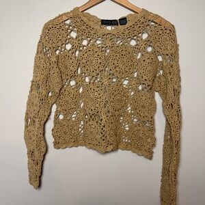 Cherry Stix Vintage Tan Crochet Sweater with pearl detail, O/S